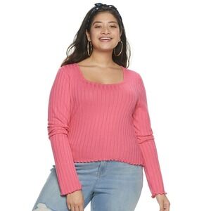 SO Juniors' Plus Size 1X Square Neck Ribbed Top Soho Pink NWT